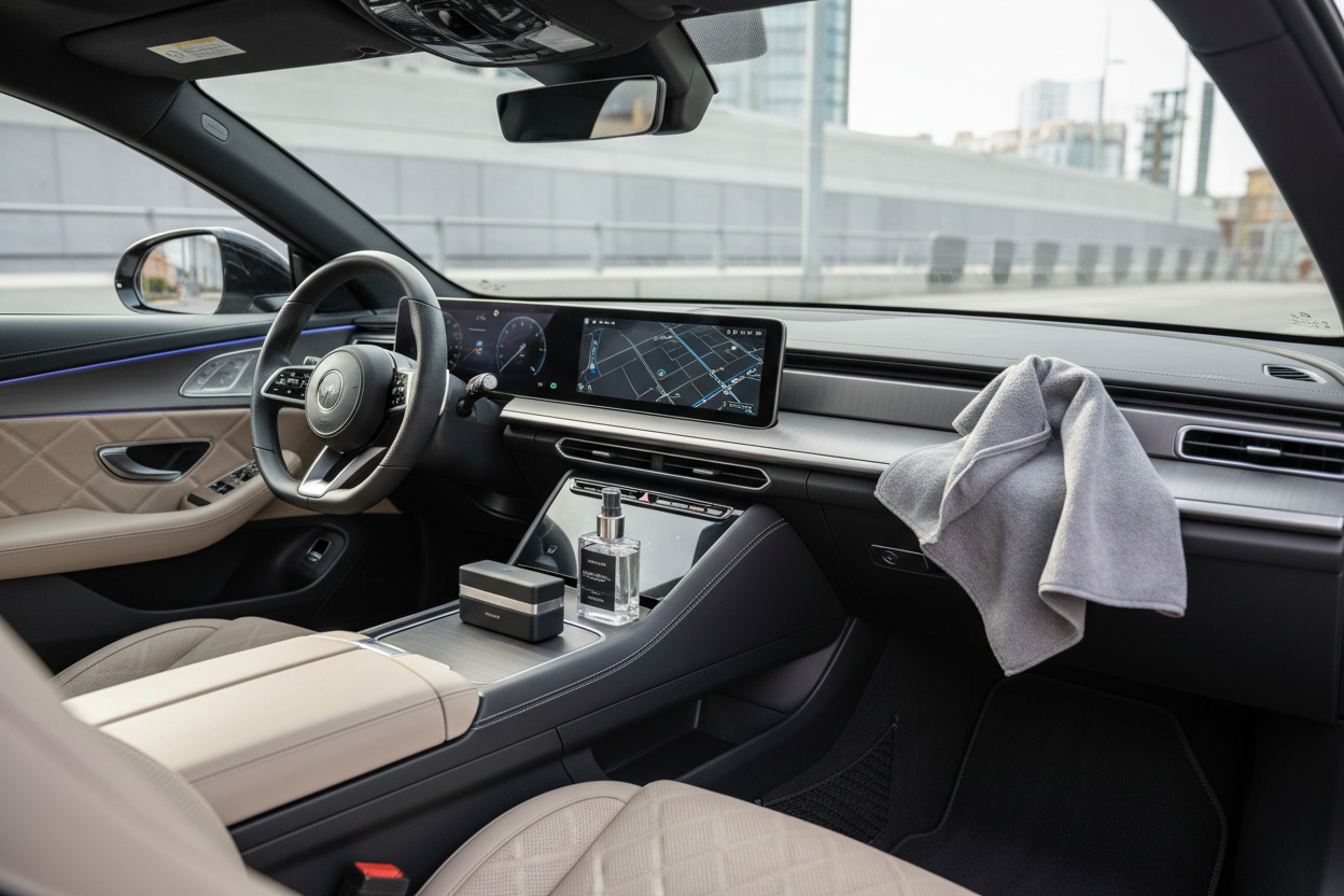 Create a realistic, aesthetically pleasing hero image for a modern car accessories brand focused on car maintenance and subtle mods. The scene should show the interior of a well-kept, modern car with a clean dashboard, steering wheel, and centre console. The lighting should be soft and natural, with a calm, fresh atmosphere similar to an aesthetic car photography post. Subtle car accessories related to maintenance and interior mods should be visible but not cluttered, blending naturally into the interior. T